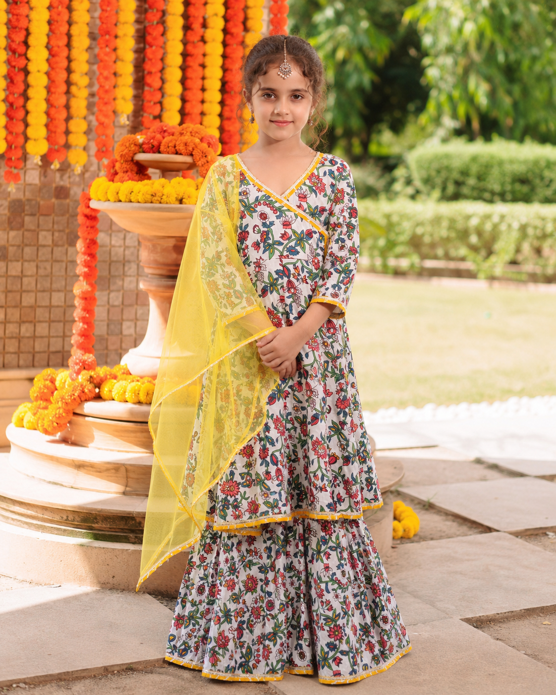 Bitiya by Bhama Girls white Floral Printed Kurta with Sharara & Dupatta