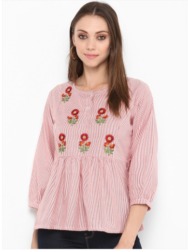 Bhama Couture Pink Striped Embroidered Top