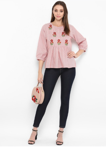 Bhama Couture Pink Striped Embroidered Top