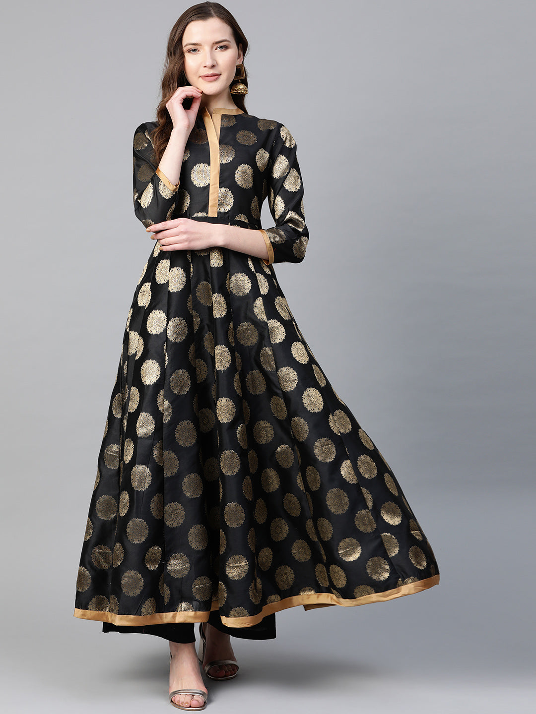 Shop Black and Golden Ethnic Motifs Printed Brocade Raw Silk Anarkali Kurta Online Shop Black and Golden Ethnic Motifs Printed Brocade Raw Silk Anarkali Kurta Online
