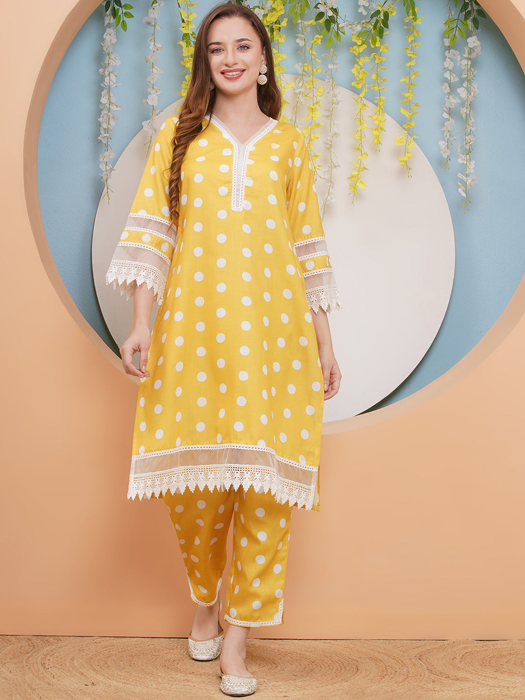 Yellow Polka Dot Printed Kurta set