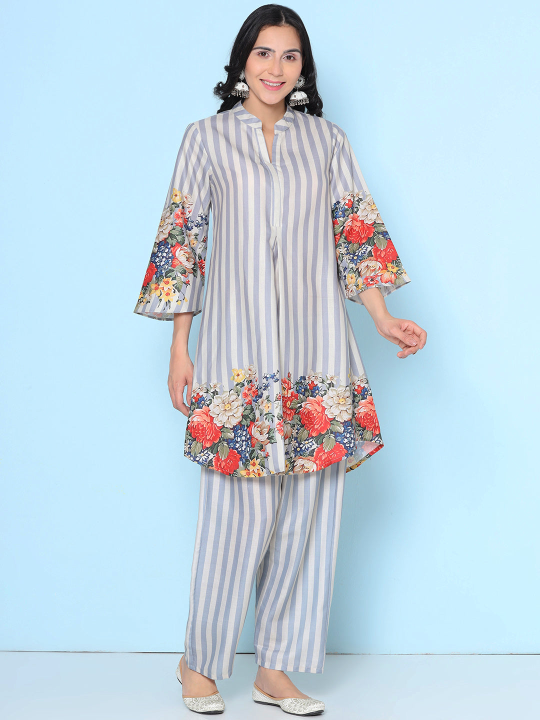 Grey Stripes Multi Floral Printed Kurta set
