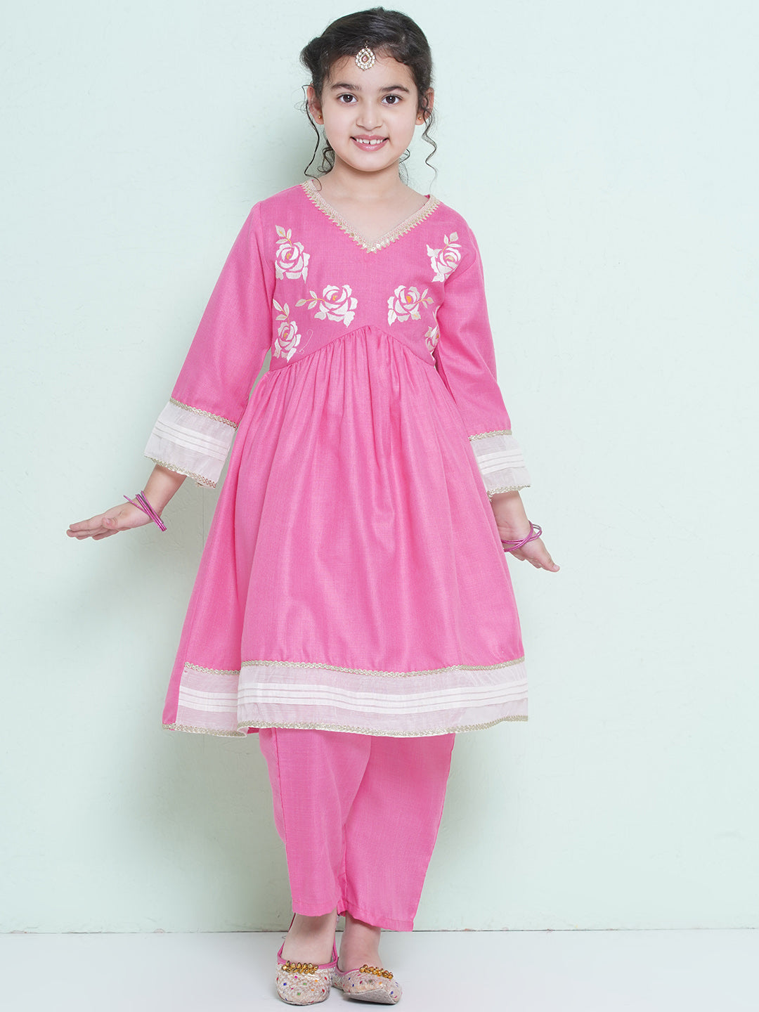 Bitiya by Bhama Girls Pink Embroidered Alia Design Kurta With Trousers