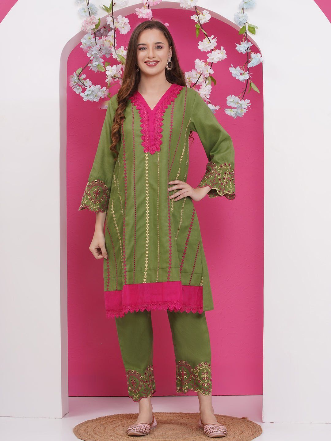Green Embroidered Kurta set