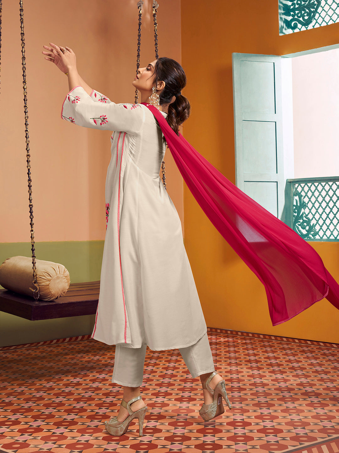 Bhama Couture Jennifer Winget Off white colour Embroidered Anarkali Flared Kurta with Palazzos Dupatta.
