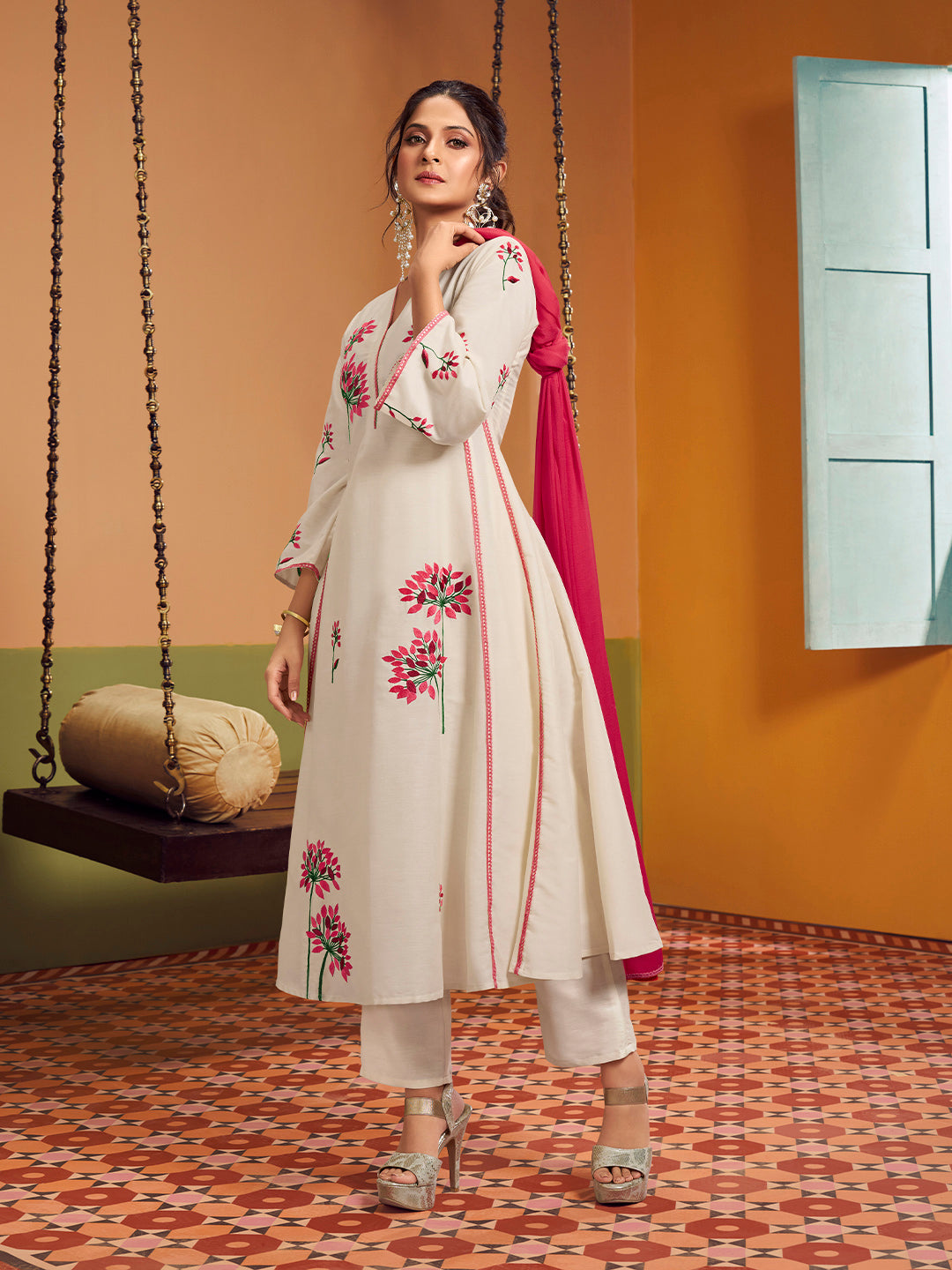 Bhama Couture Jennifer Winget Off white colour Embroidered Anarkali Flared Kurta with Palazzos Dupatta.
