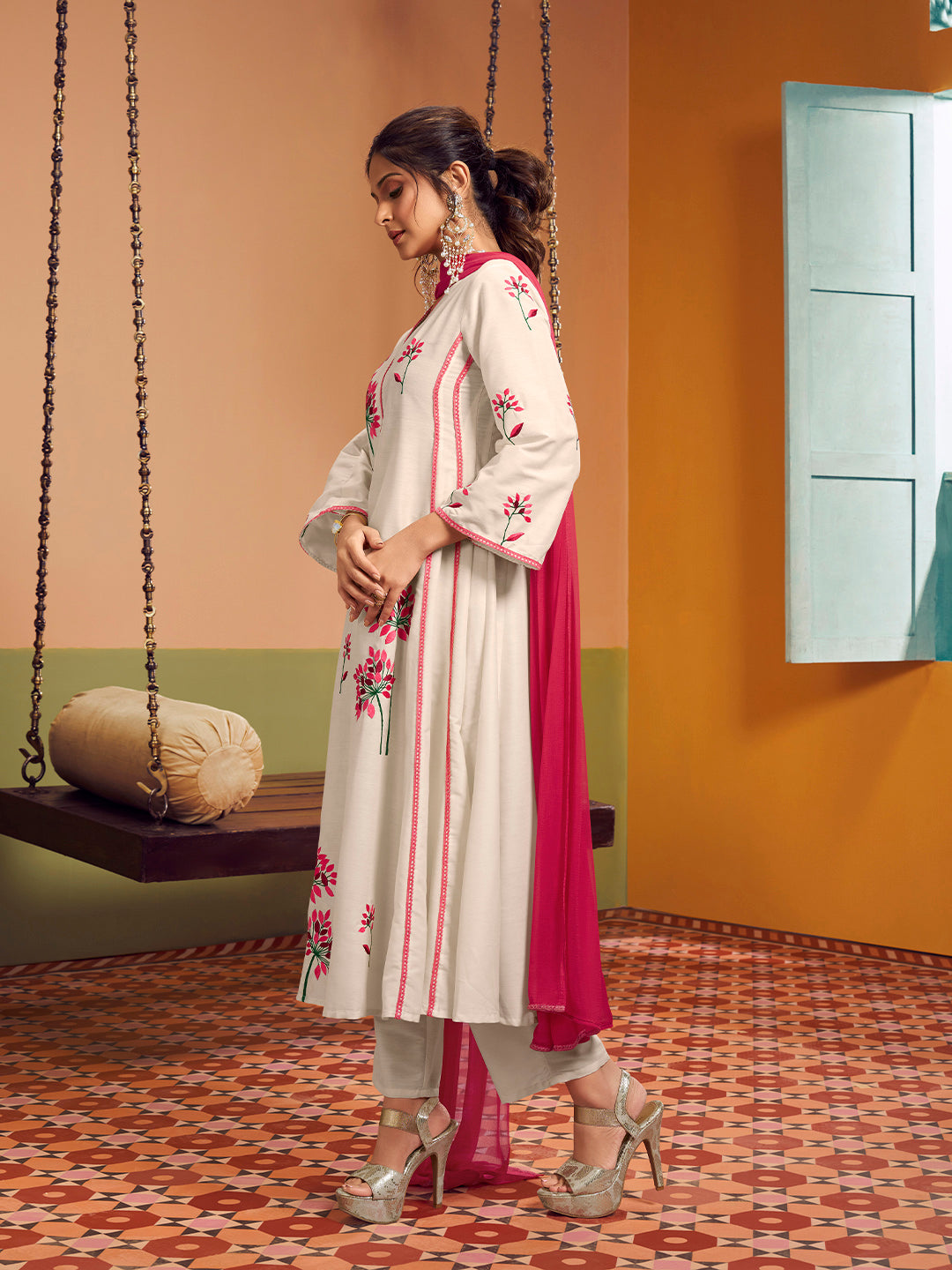 Bhama Couture Jennifer Winget Off white colour Embroidered Anarkali Flared Kurta with Palazzos Dupatta.
