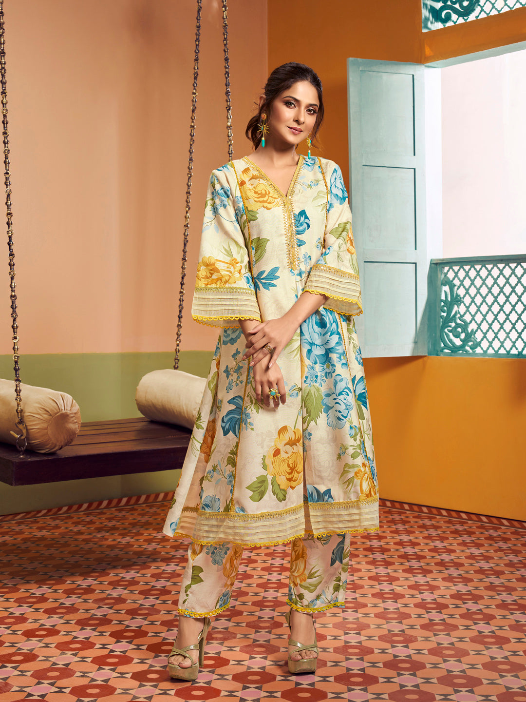 Bhama Couture Jennifer Winget Beige Multi Blue Yellow Floral Printed Kurta set