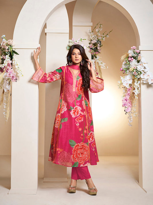 Bhama Couture Jennifer Winget Pink Colour Floral Printed Flared Anarkali Kurta with Palazzos Dupatta.