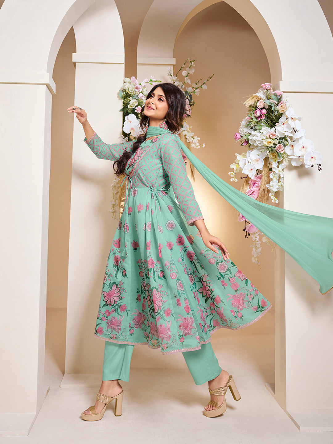 Bhama Couture Jennifer Winget Sea Green Floral Digital Printed Anarkali Flared Kurta with Palazzos Dupatta.