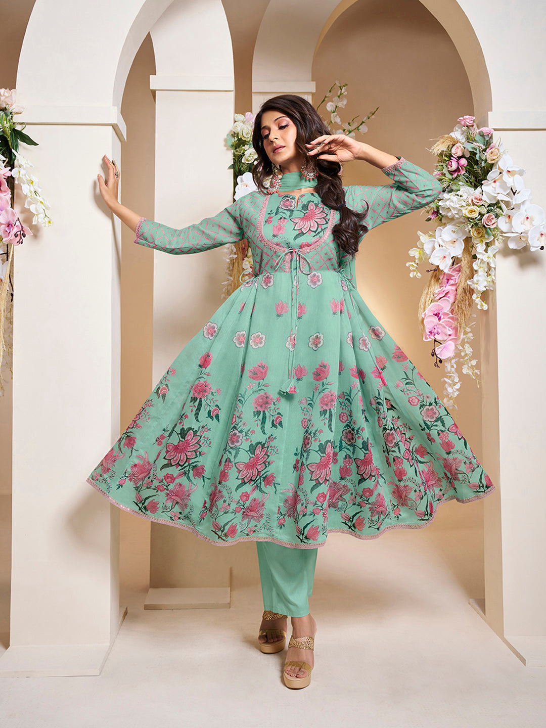 Bhama Couture Jennifer Winget Sea Green Floral Digital Printed Anarkali Flared Kurta with Palazzos Dupatta.