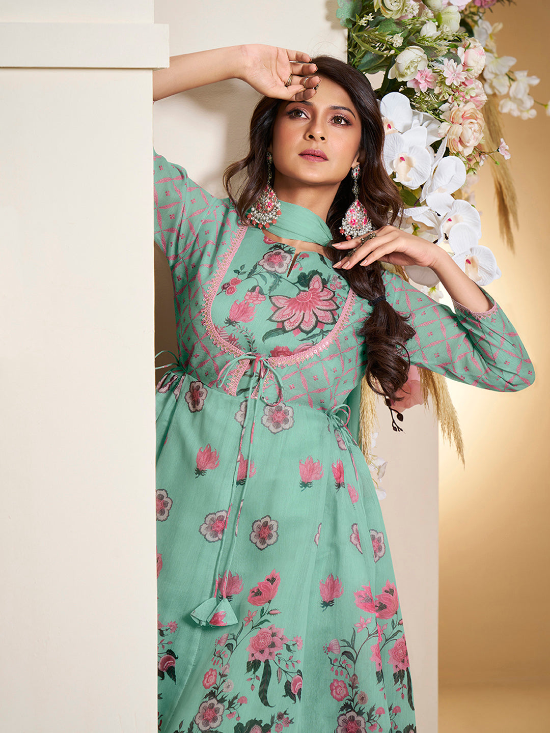 Bhama Couture Jennifer Winget Sea Green Floral Digital Printed Anarkali Flared Kurta with Palazzos Dupatta.