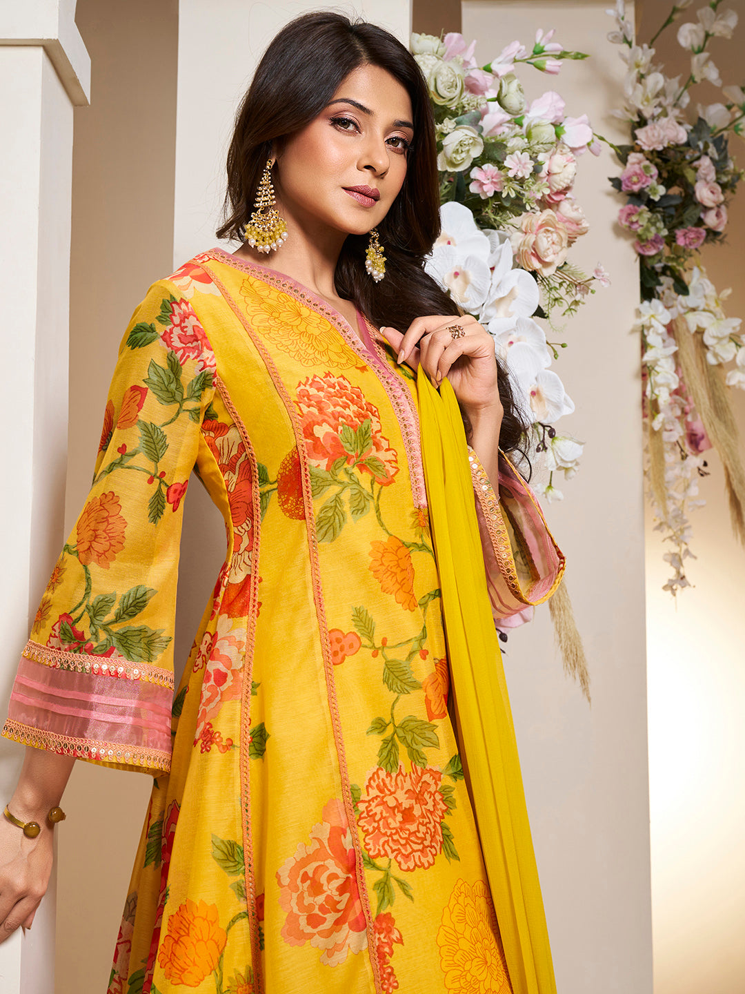 Bhama Couture Jennifer Winget Yellow Colour Floral Printed Flared Anarkali Kurta with Palazzos Dupatta.