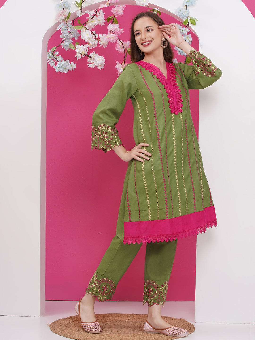 Green Embroidered Kurta set