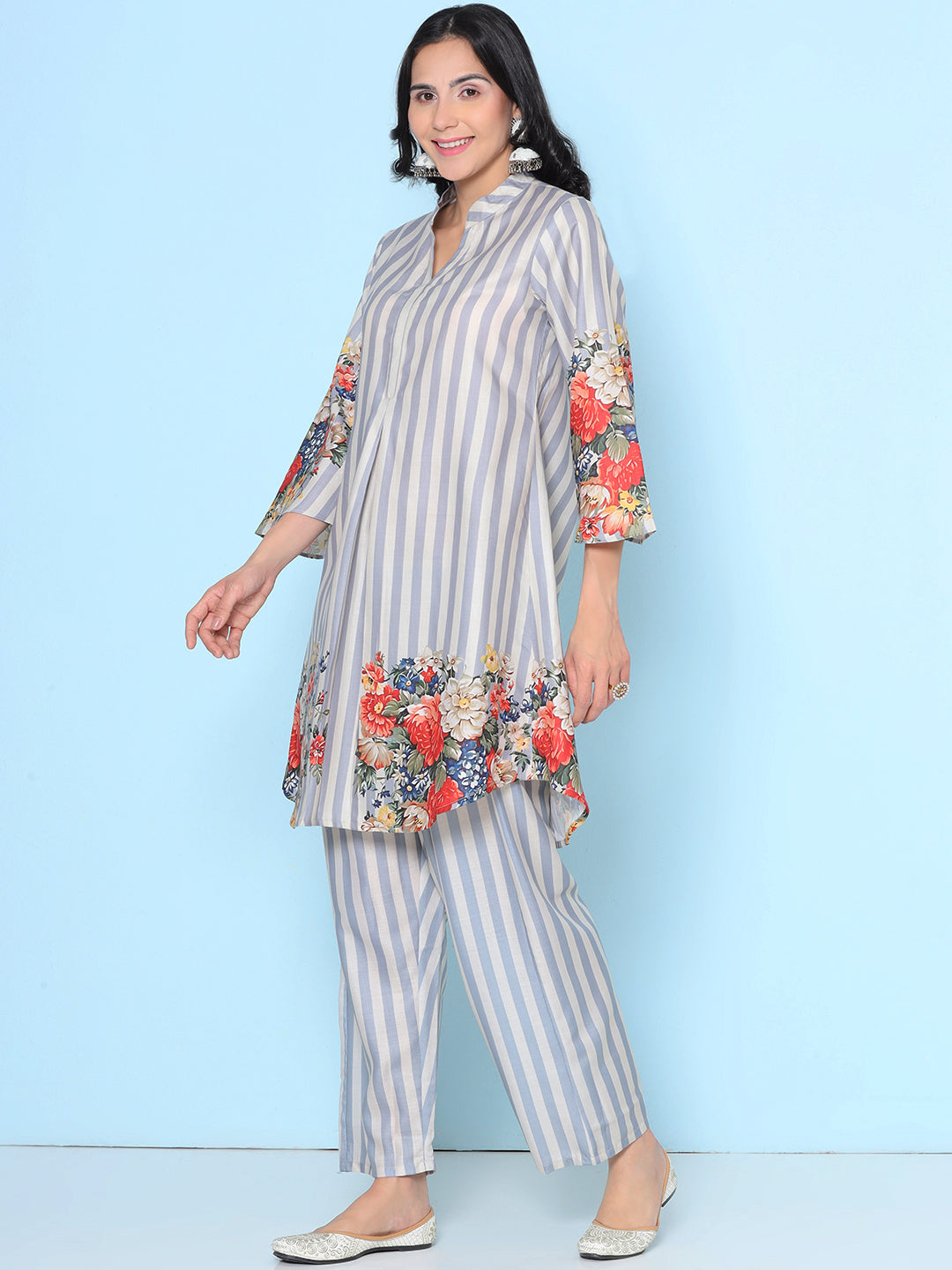 Grey Stripes Multi Floral Printed Kurta set