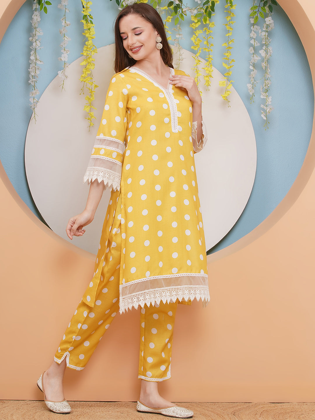 Yellow Polka Dot Printed Kurta set