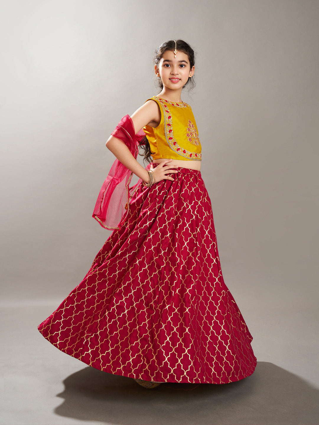Bitiya by Bhama Girls Maroon & Yellow Foil Print with Embroidered yoke Choli, Lehenga with Dupatta