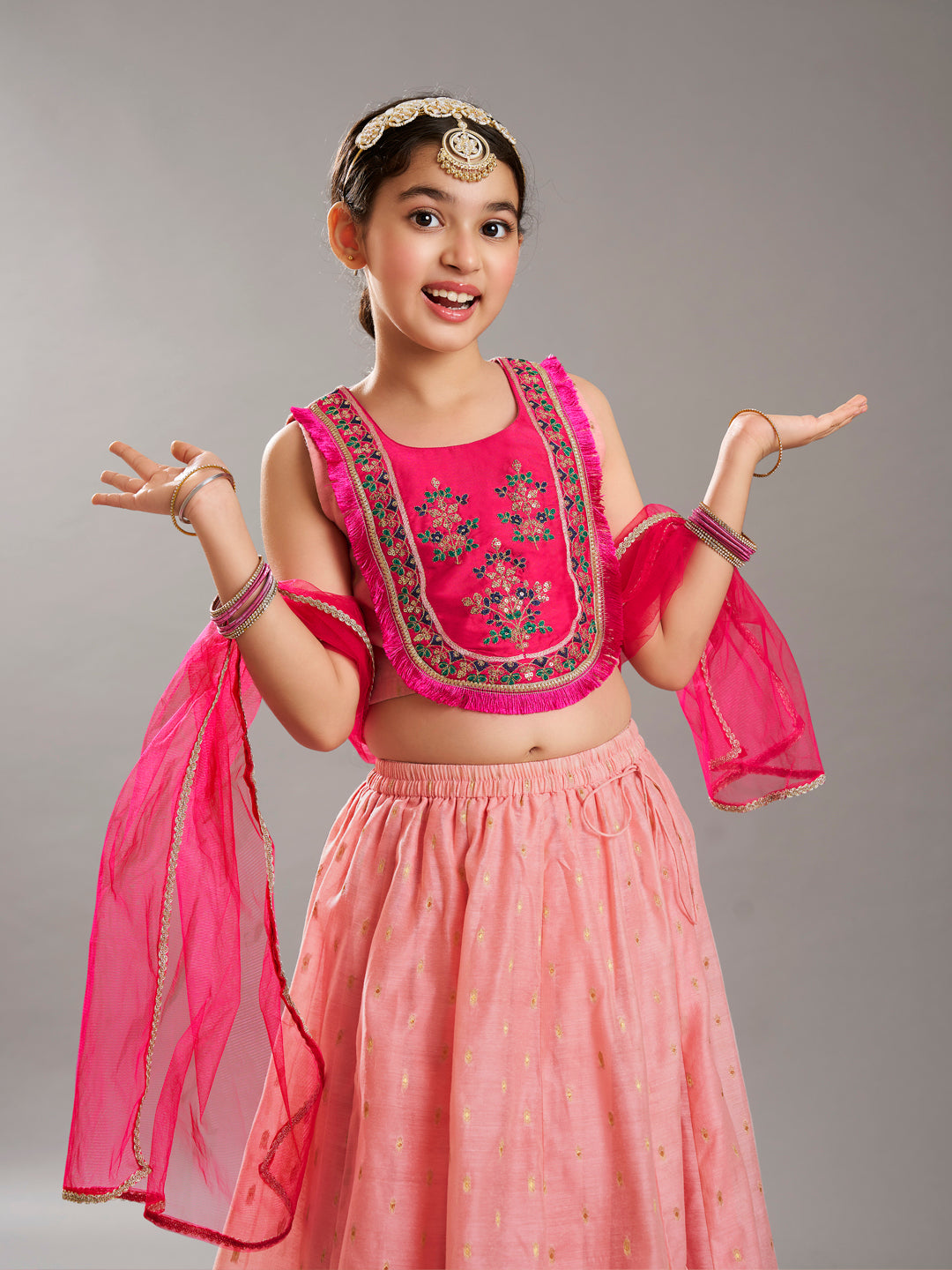Bitiya by Bhama GirlsPink & Peach Woven Design with Embroidered yoke Choli, Lehenga with Dupatta