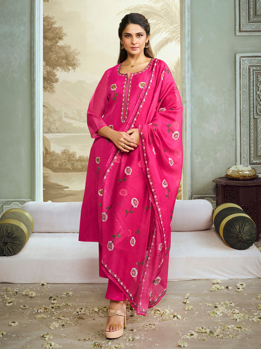 Jennifer Winget Bhama Couture Pink Floral Embroidery Straight Kurta Set With Printed Dupatta