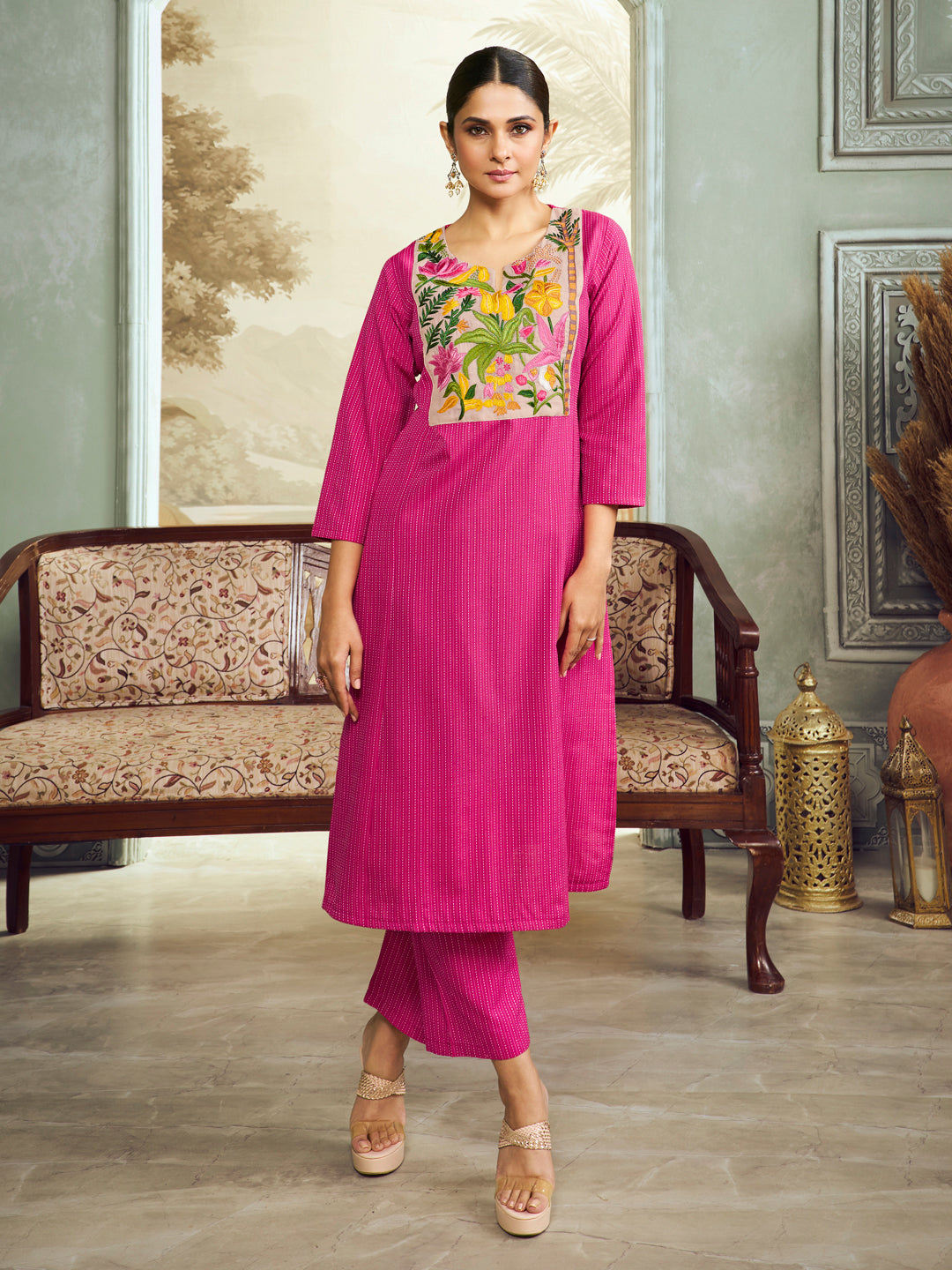 Jennifer Winget Bhama Couture Pink Embroidered Yoke Straight Kurta Set.