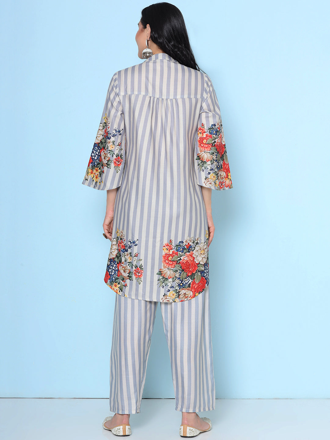 Grey Stripes Multi Floral Printed Kurta set