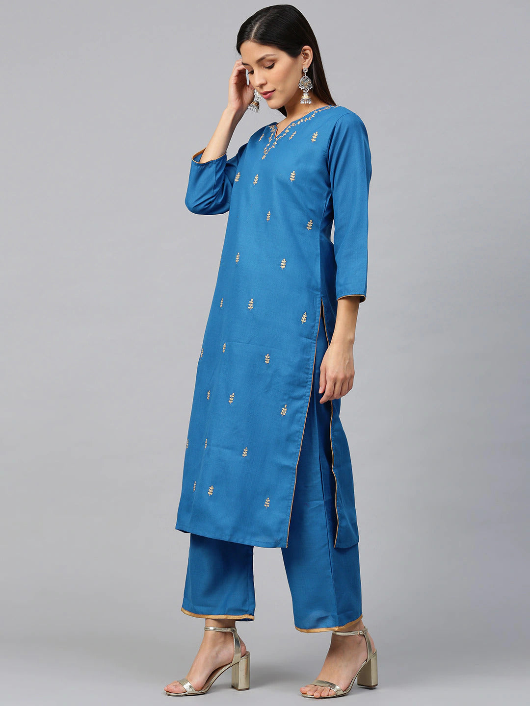Teal Blue and golden gotta patti embroidered kurta with palazzos