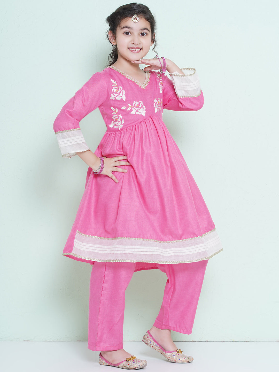 Bitiya by Bhama Girls Pink Embroidered Alia Design Kurta With Trousers