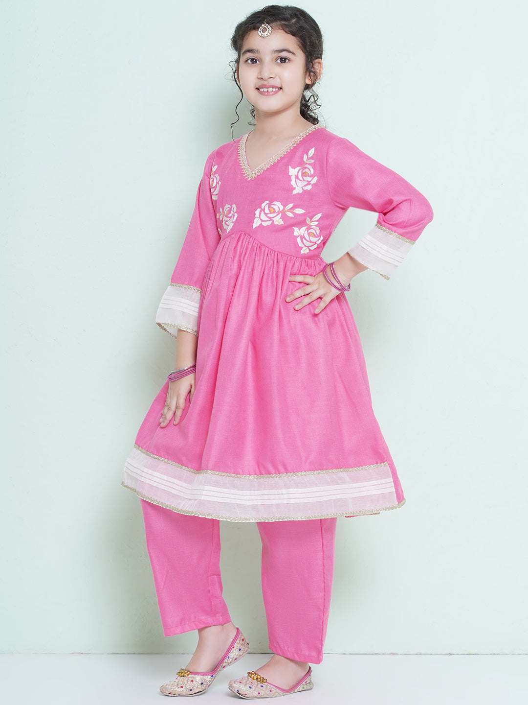 Bitiya by Bhama Girls Pink Embroidered Alia Design Kurta With Trousers