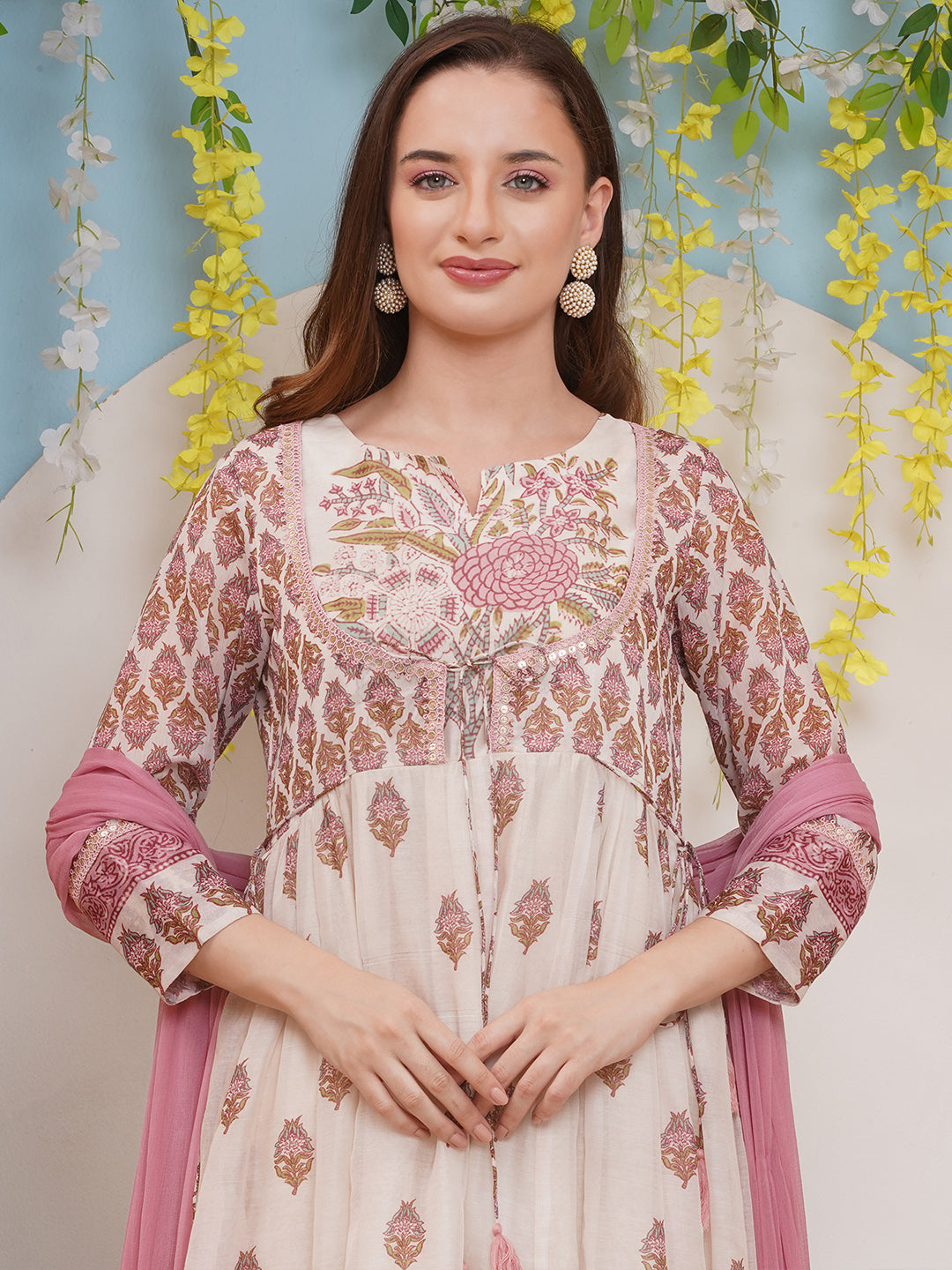 Bhama CoutureOff white Pink Floral Digital Printed Anarkali Flared Kurta with Palazzos Dupatta.