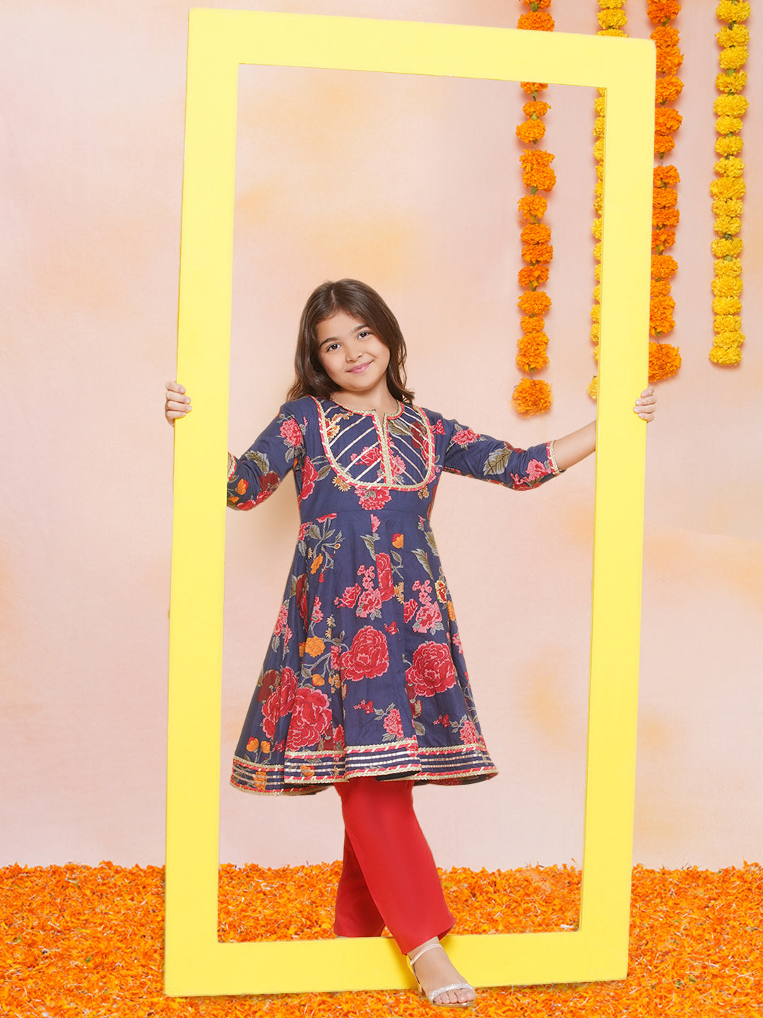 Bitiya by Bhama Girls Navy Blue Red Printed Anarkali Kurta &  Palazzos.
