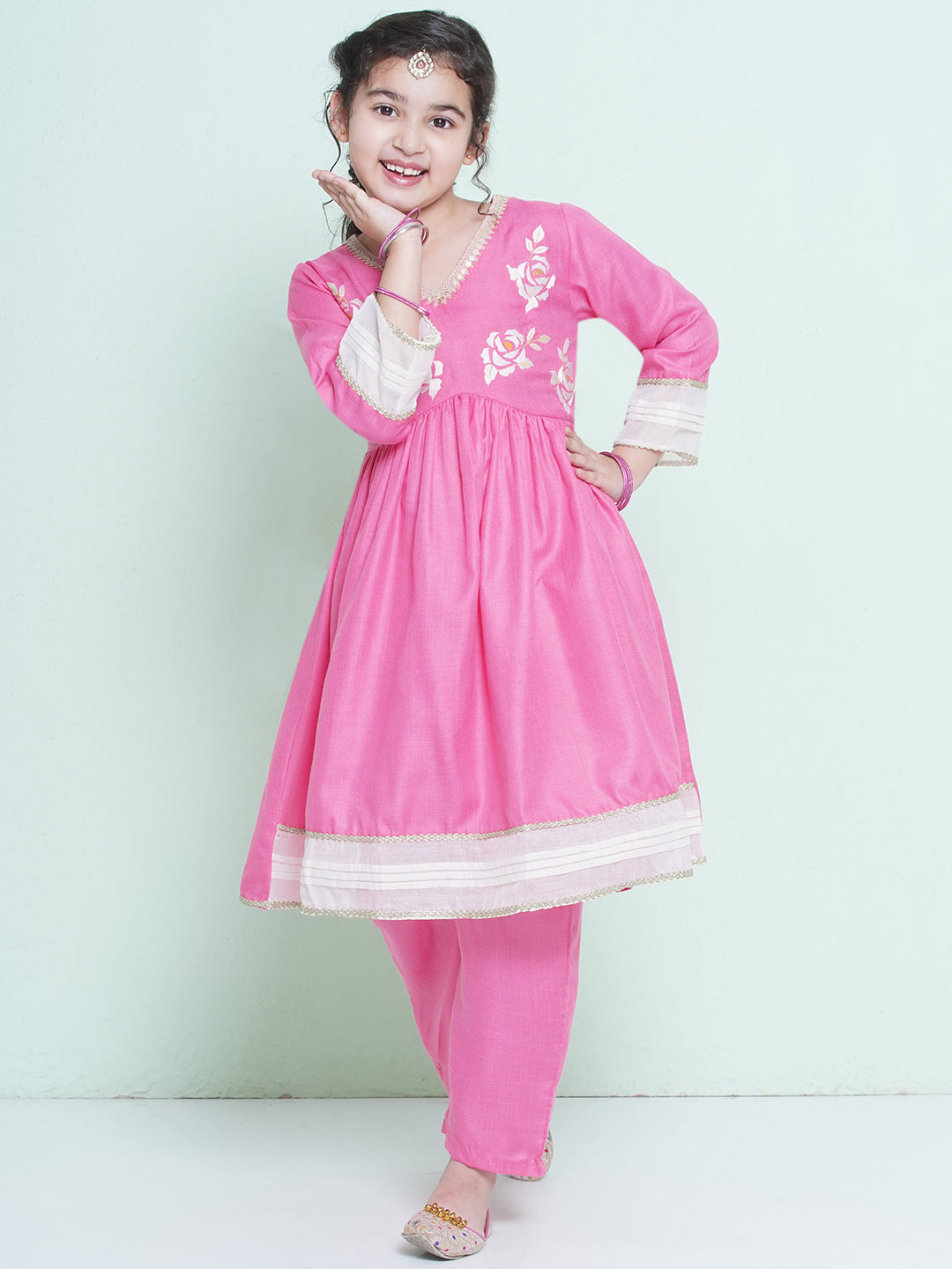 Bitiya by Bhama Girls Pink Embroidered Alia Design Kurta With Trousers