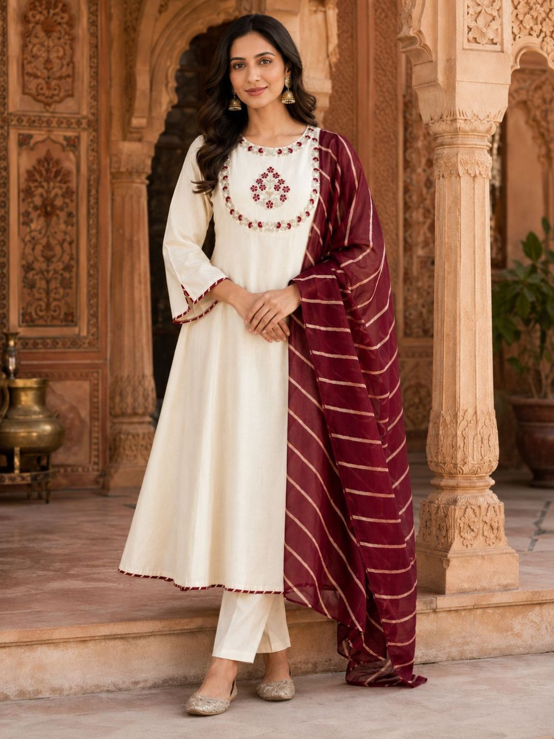 Off White Yoke Embroidery Kurta Set With Lehriya Dupatta