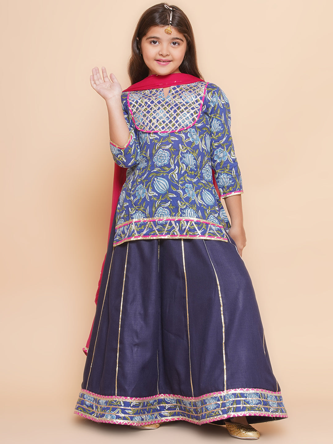Girls Navy Blue & Blue Lace work kurti Ready to wear Lehenga with Pink Dupatta