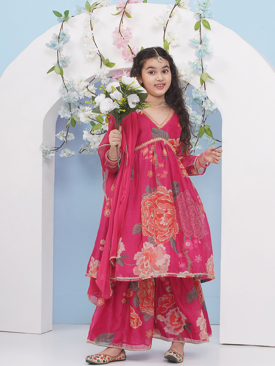 Bitiya by Bhama Girls Pink Floral Printed Alia Design Kurta with Sharara with dupatta