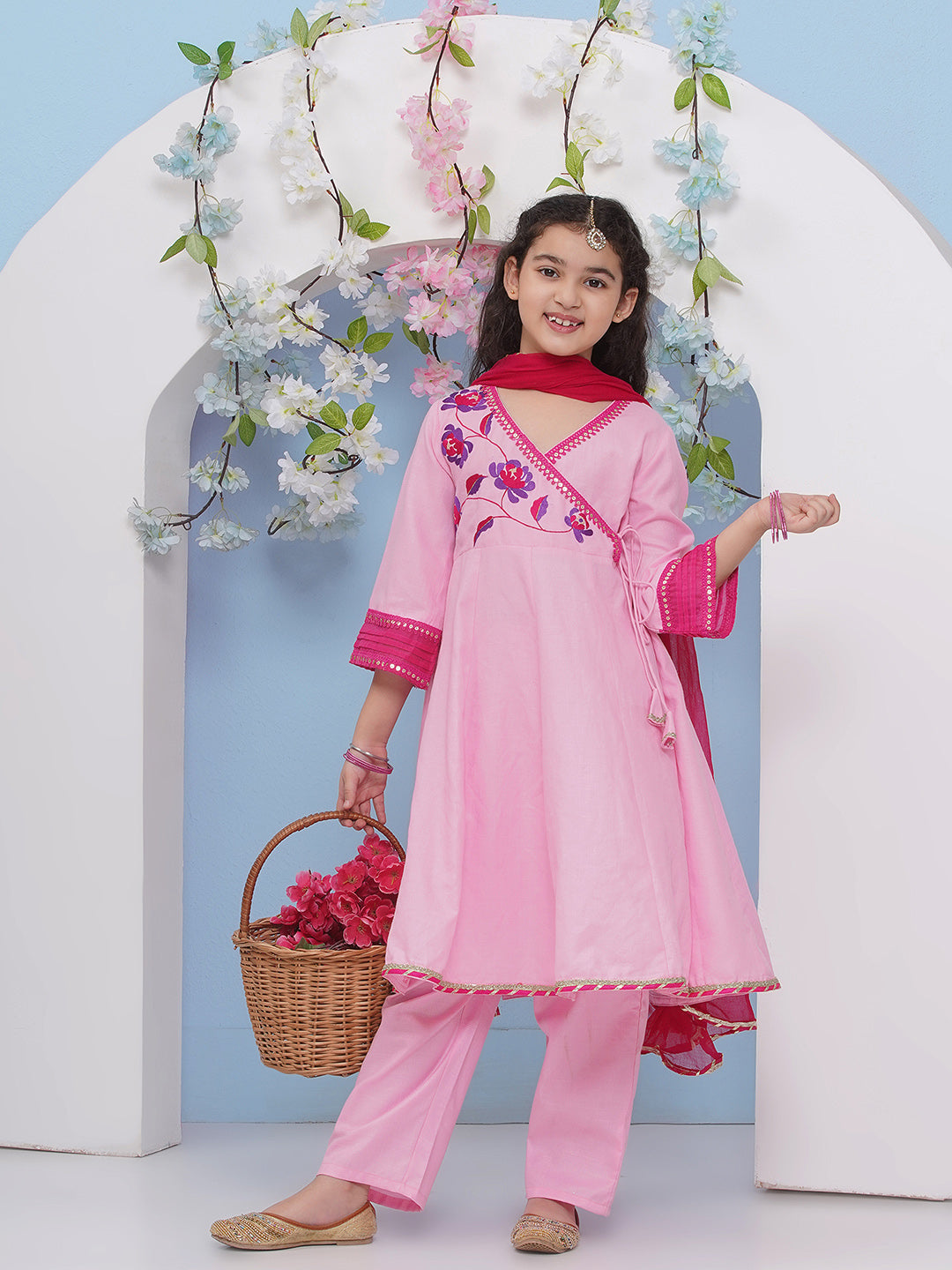 Bitiya by Bhama Girls Pink Embroidered Angrakha Kurta with Trousers with dupatta