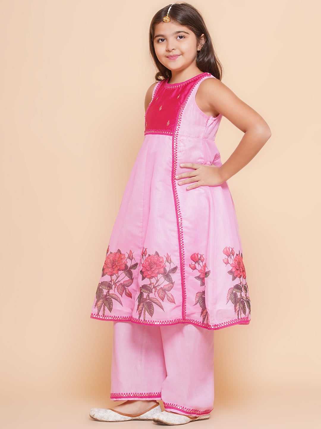 Bitiya by Bhama Girls Pink Floral Printed Kurta with Palzzzo