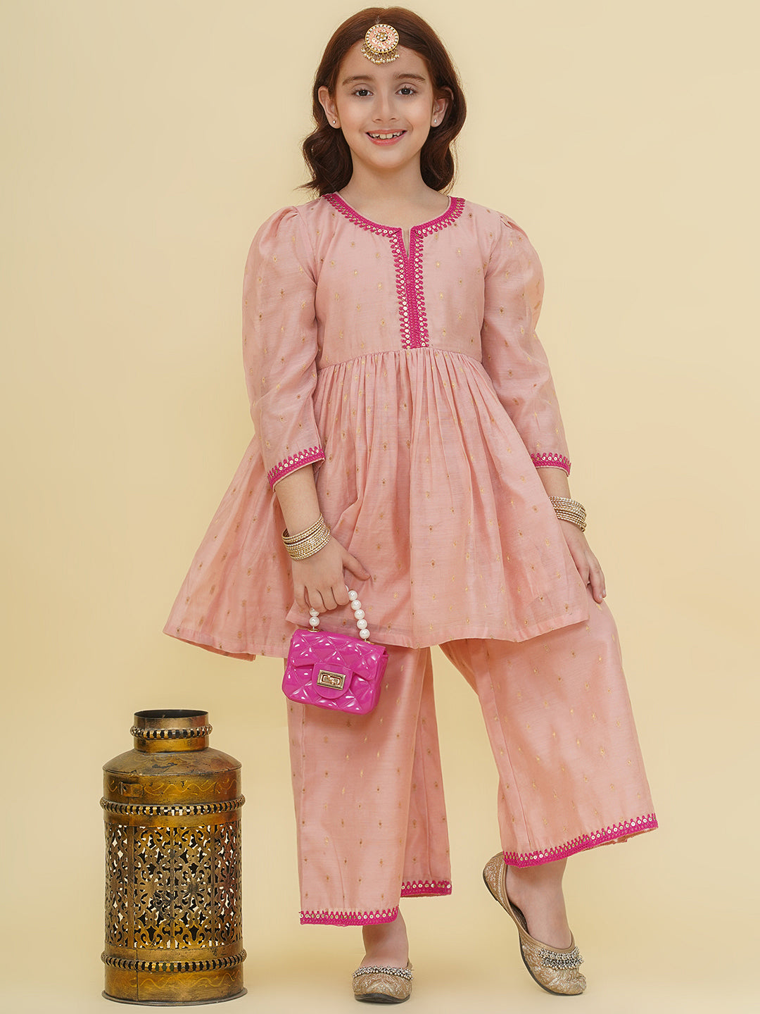 Bitiya by Bhama Girls Pink Self design Kurta with palazzo