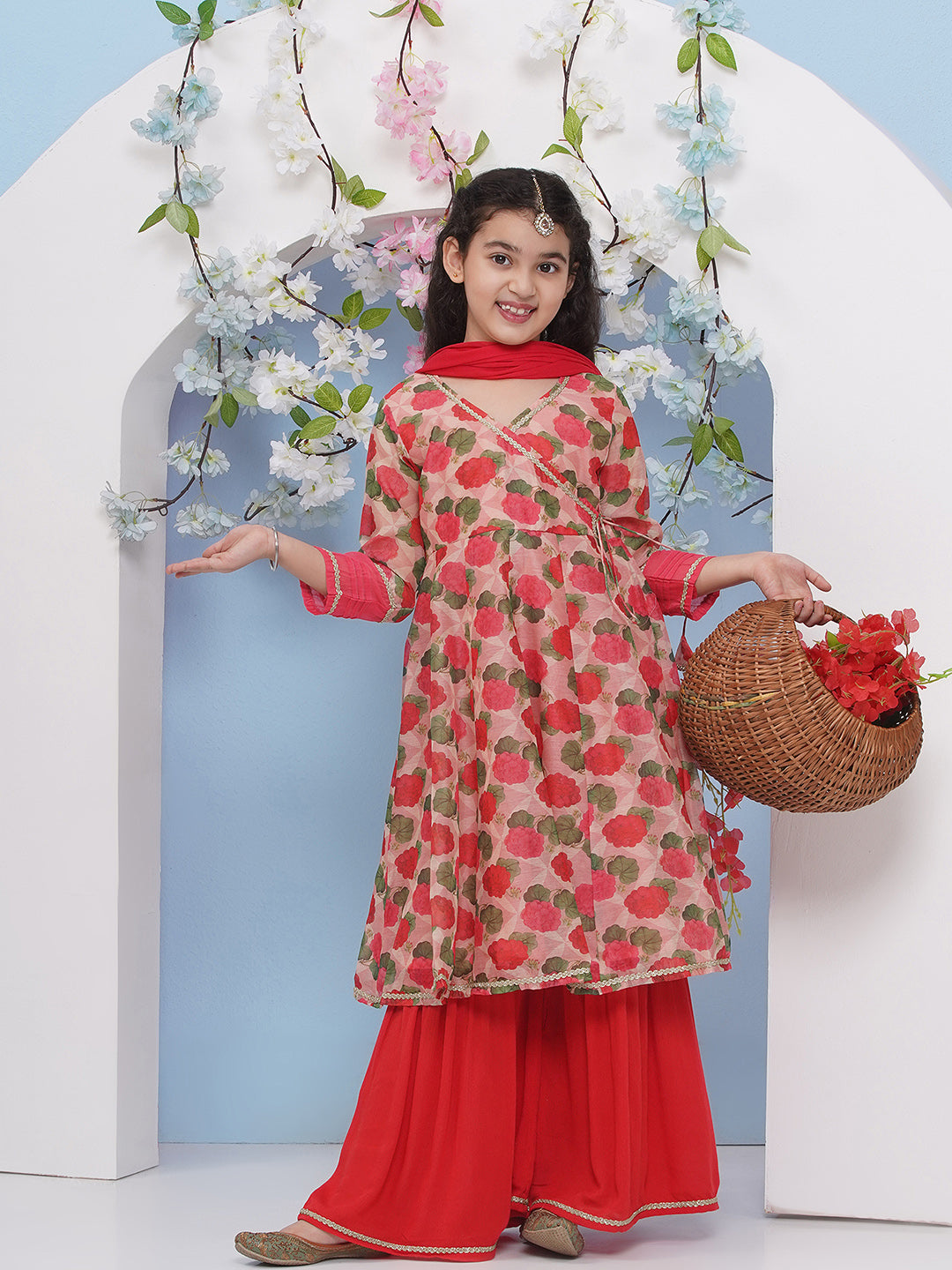 Bitiya by Bhama Girls Red Floral Printed Angrakha Kurta with Sharara with dupatta