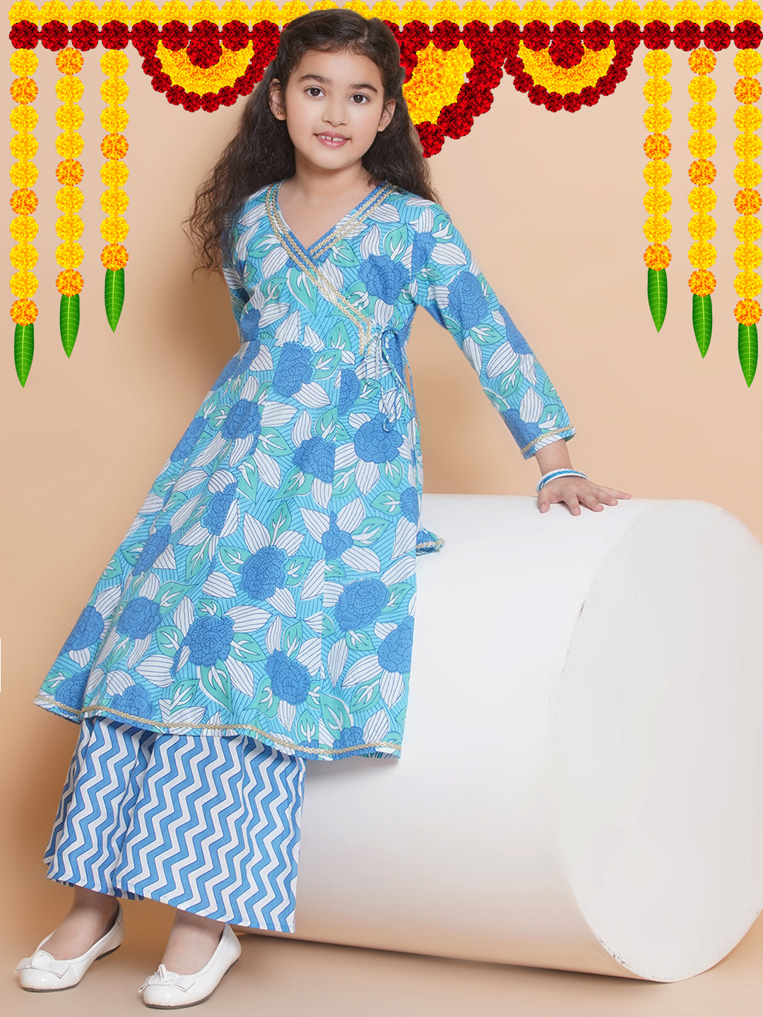 Bitiya by Bhama Girls Blue Floral Printed Angrakha Kurta with Sharara