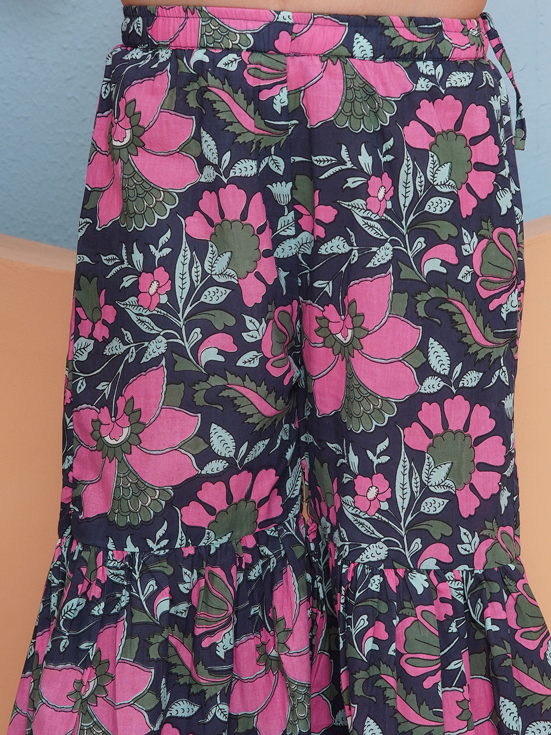 Girls Printed Empire Pure Cotton A-Line Kurta With Sharara & Dupatta