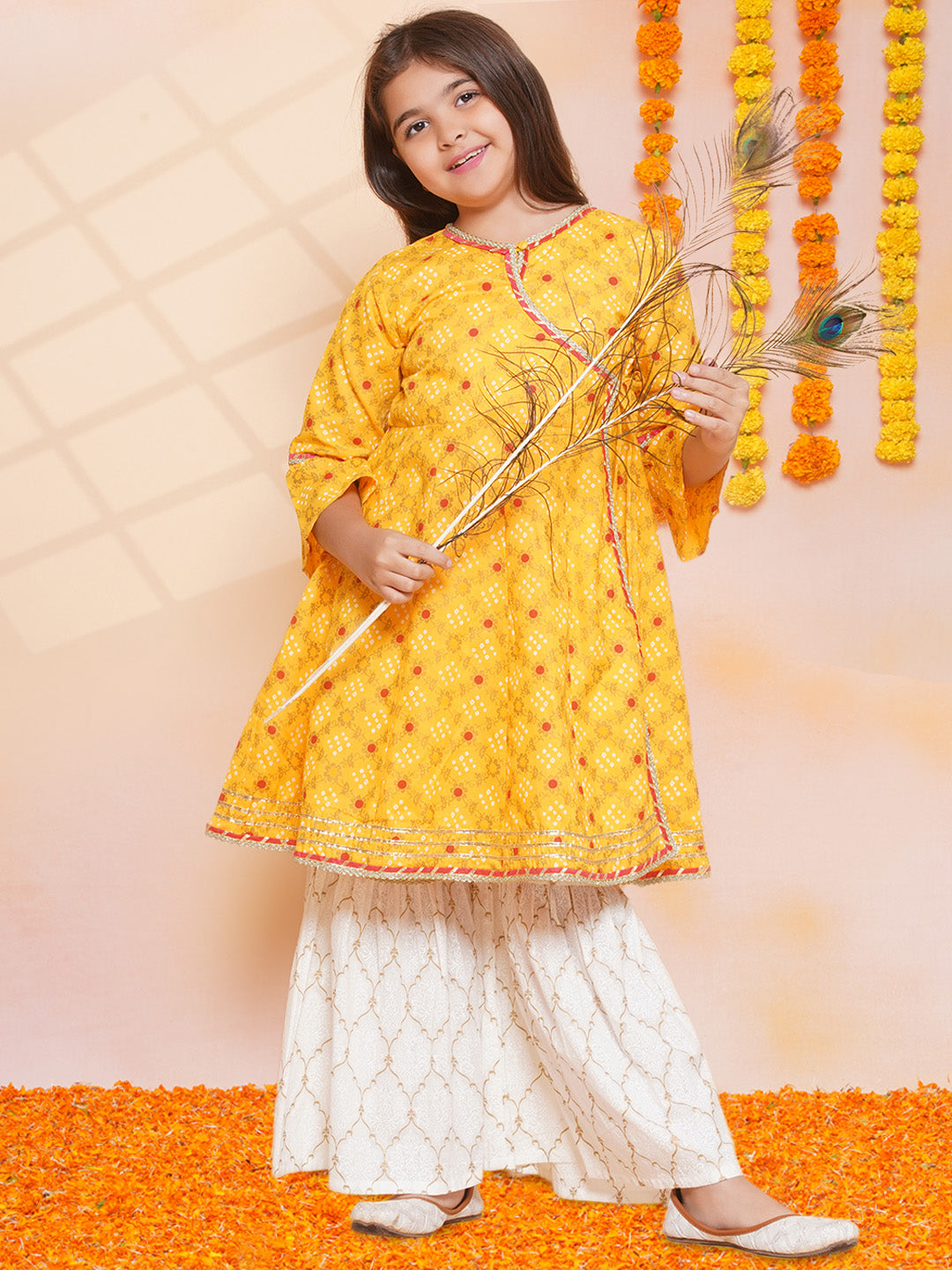 Bitiya by Bhama Girls Yellow Ethnic Motifs Printed Angrakha Kurta with Sharara
