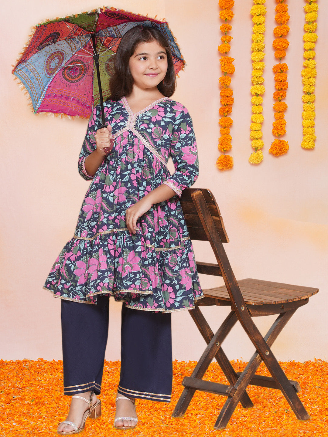 Bitiya by Bhama Girls Navy Blue Pink Floral Printed Kurta With Palazzos.