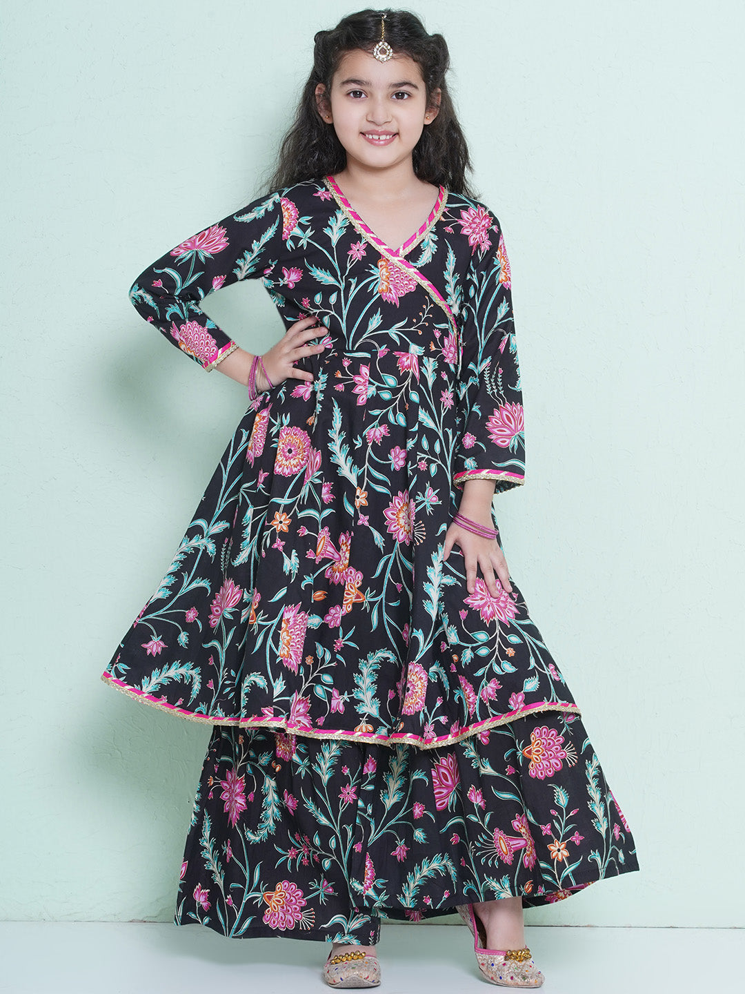 Bitiya by Bhama Girls Black Floral Printed Angrakha Kurta with Sharara