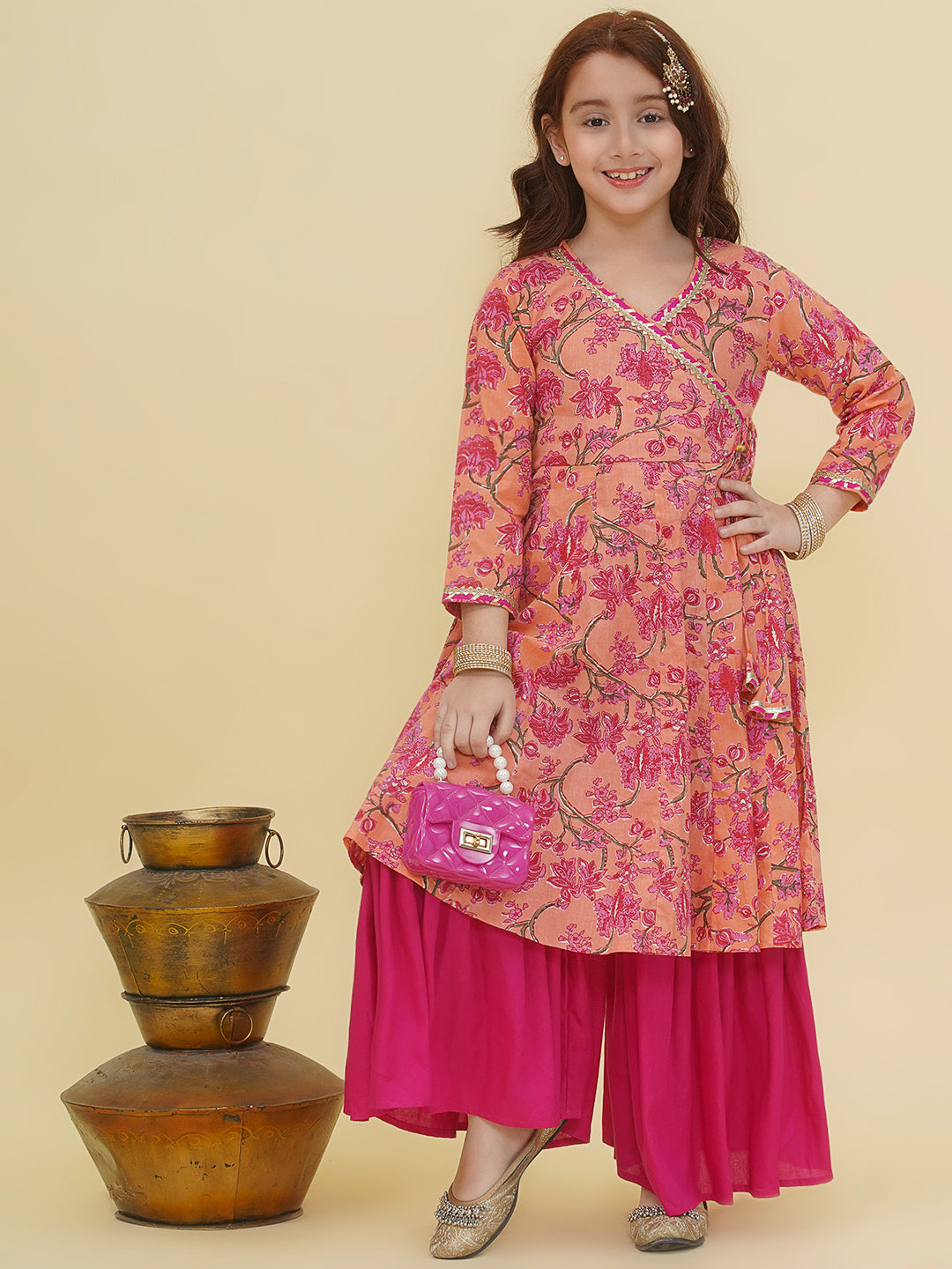 Bitiya by Bhama Girls Peach Floral Printed Angrakha Kurta with Sharara
