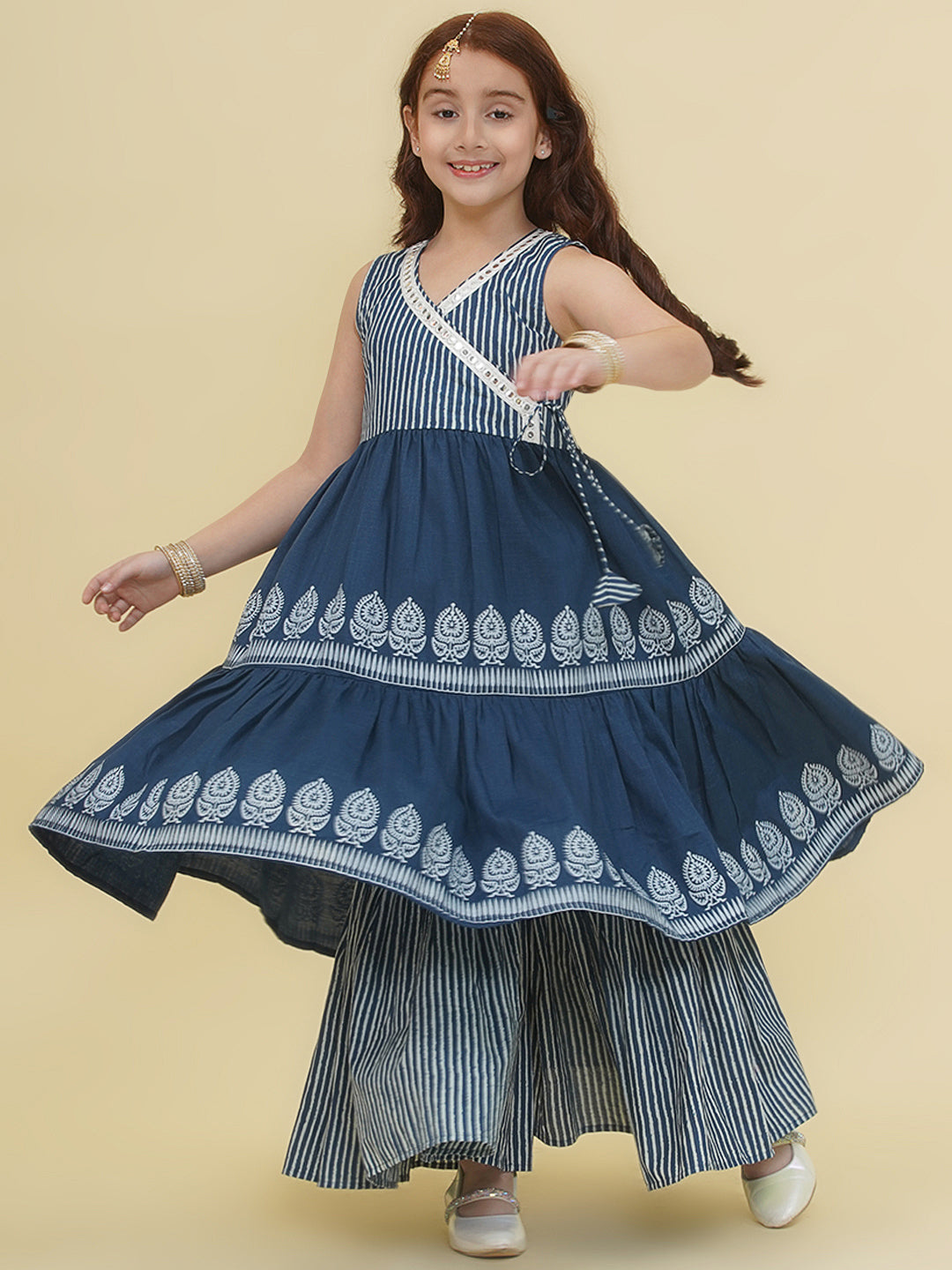 Bitiya by Bhama Girls Blue Geometrical Printed Angrakha Kurta with Sharara