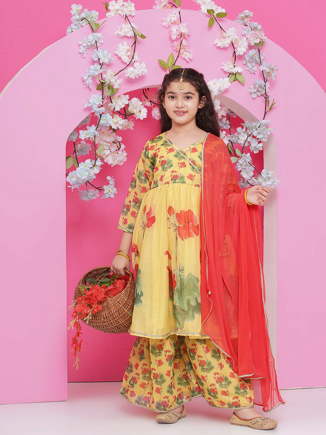 Bitiya by Bhama Girls Yellow Floral Printed Angrakha Kurta with Sharara with dupatta