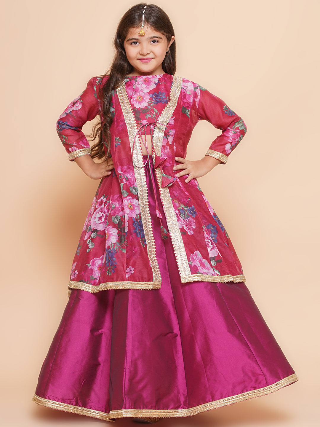 Bitiya by Bhama Girls Burgundy Floral Printed Shrug & Ready to Wear Lehenga with Blouse