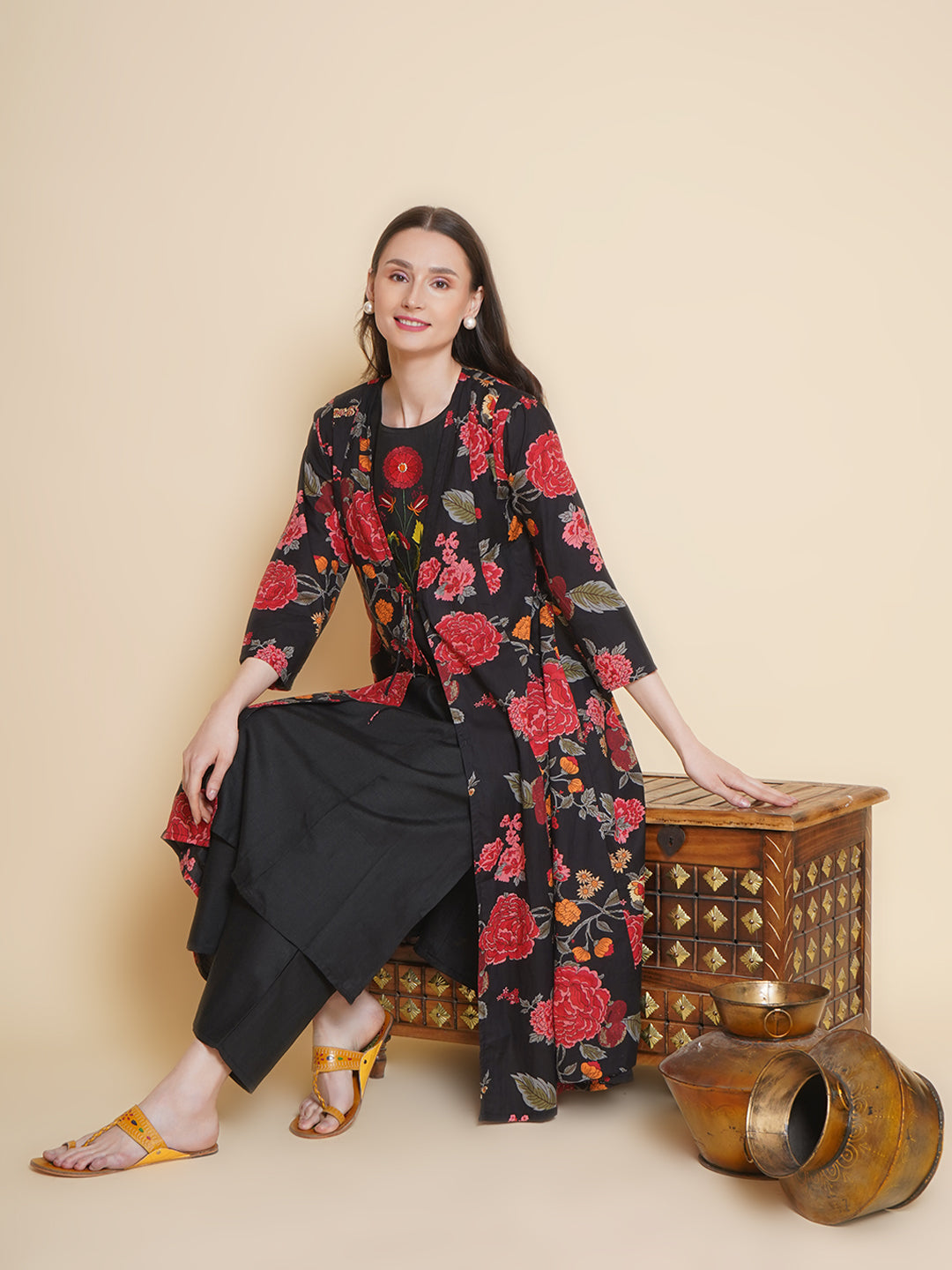 Black Floral Printed Jacket With Embroidery Kurti With Black Palazzos