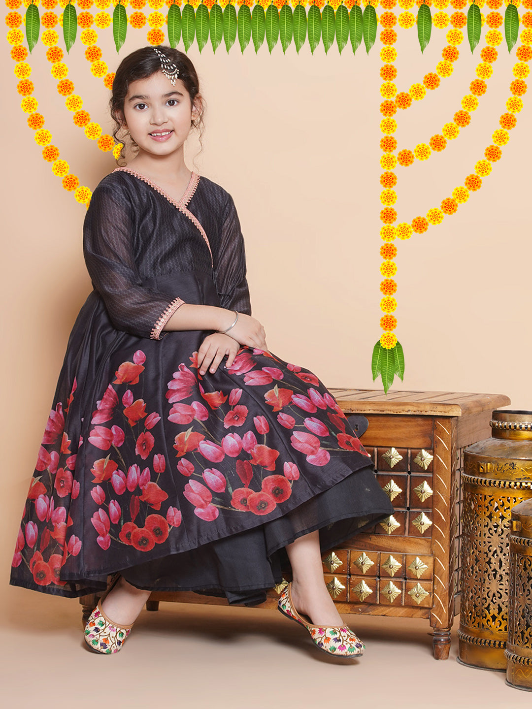 Bitiya by Bhama Girls Black Floral Printed Angrakha Kurta with Sharara