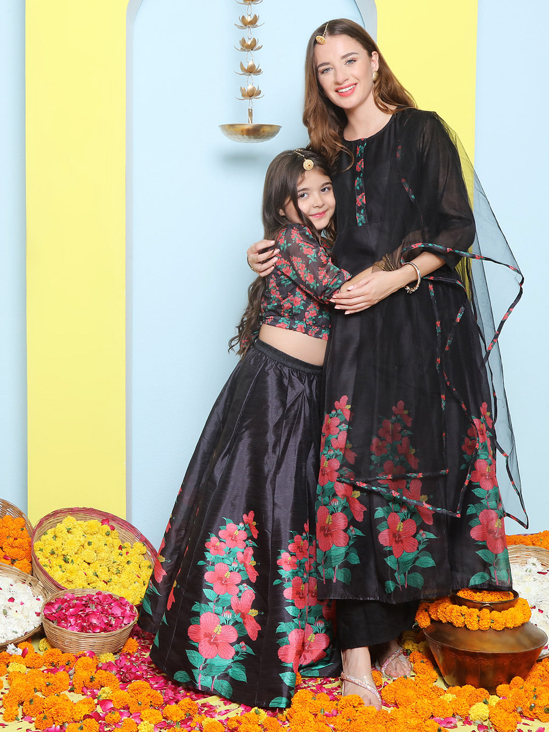 Black Anarakali Digital Printed Kurta with Dupatta For Women & Lehenga Crop Top Set For Girls.
